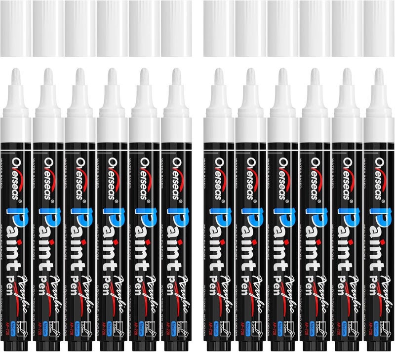 Overseas White Paint Pens - Permanent Acrylic Paint Markers 12 Pack, Water-Based, Quick Dry, Waterproof Marker Pen for Rock, Wood, Plastic, Metal, Canvas, Glass, Fabric, Tire, Mugs. Medium Tip - Image 1